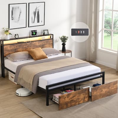 With storage headboard and 2 drawers LED lighted bed with charging station, metal platform bed without noise. Queen size bed