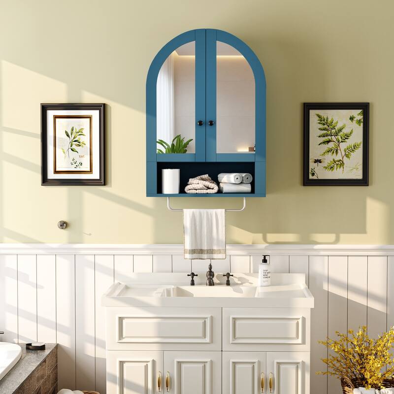 Wall Mounted Arched Cabinet with Mirrored Doors and Adjustable Shelves for Laundry Room, Bathroom, Kitchen