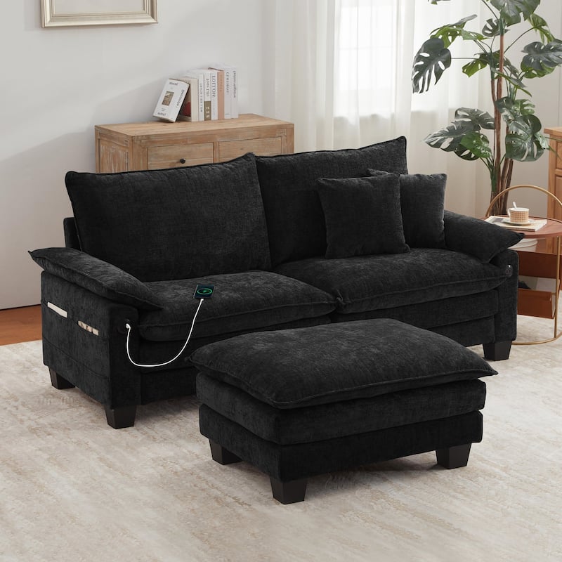 Modular Sectional Sofa, Comfy Cloud Couch Sectional Sofa with Ottoman, Deep Seat Sofa Sleeper for Living Room - Black
