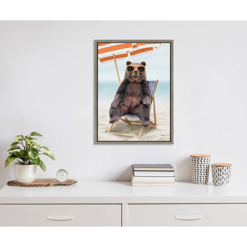 Kate and Laurel Sylvie Beach Chair Bear Framed Canvas by Amy Peterson