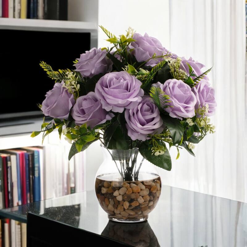 18 Heads Silk Rose Flower in Clear Glass Vase With Faux Water and River Stone for Home Decor, Wedding Table