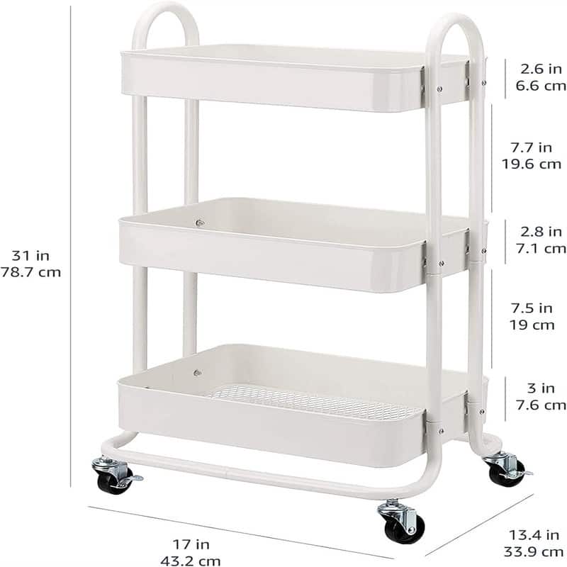 3 Tier Rolling Utility or Kitchen Cart white - 13.35"D x 17"W x 31"H
