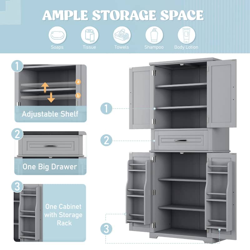 Freestanding Bathroom Cabinet with Adjustable Shelf, Storage Drawer and Doors, MDF Tall Organizer for Bathroom