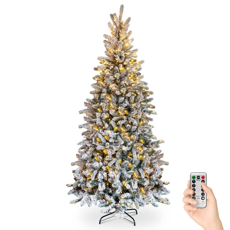 7 FT Snow Flocked Pre-lit Artificial Pencil Christmas Tree, Hinged Xmas Pine Tree for Holiday Party Office Home, Snowy Green