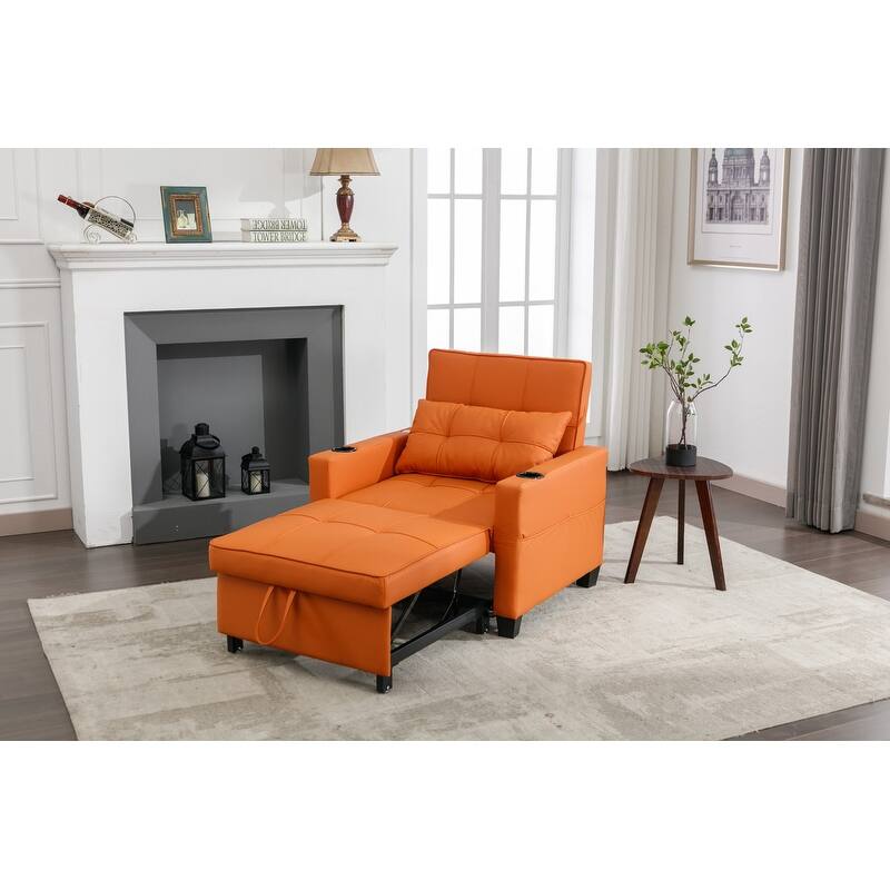 3-in-1 Convertible Sofa Chair,Pull Out Sleeper Chair with USB Ports and Cup Holders（Leather）