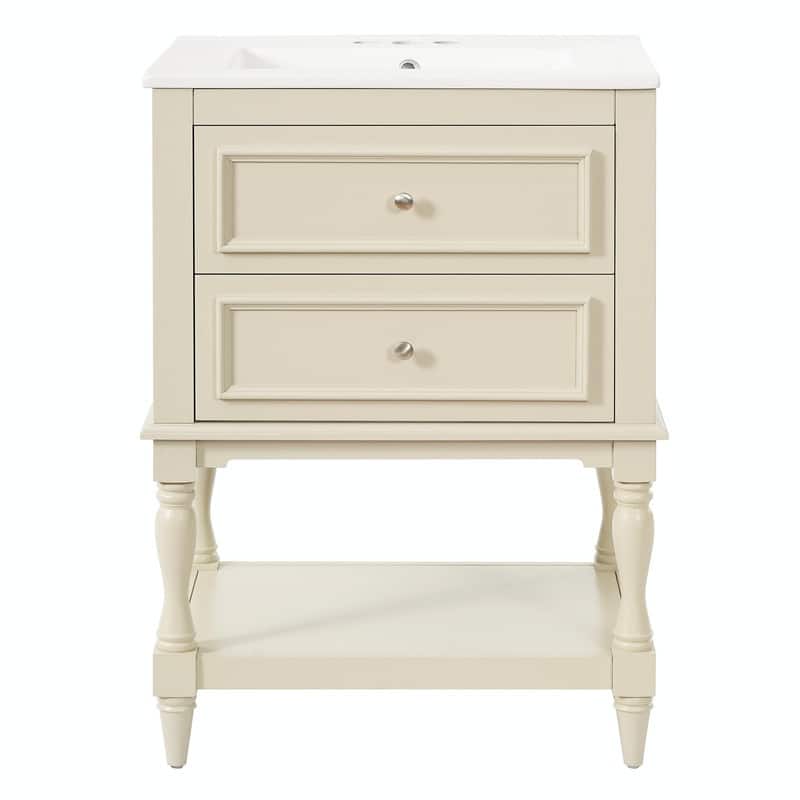 24" Bathroom Vanity with Ceramic Sink, Retro Open-Shelf Cabinet with 2 Drawers