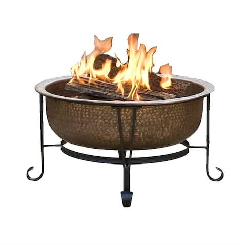Hammered Copper Fire Pit with Heavy Duty Spark Guard Cover and Stand - 23 x 26 x 26 inches