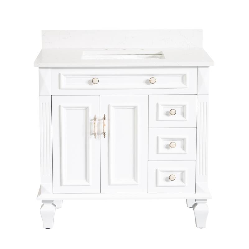 35'' H X 36'' W Solid Wood Bath Vanity with Stain-resistant Carrera Quartz Top and Single Sink