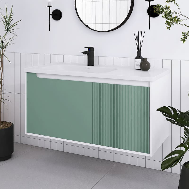 32/36/40 inch Wall Mounted Bathroom Vanity Set in Mint Green with Integrated Ceramic Sink