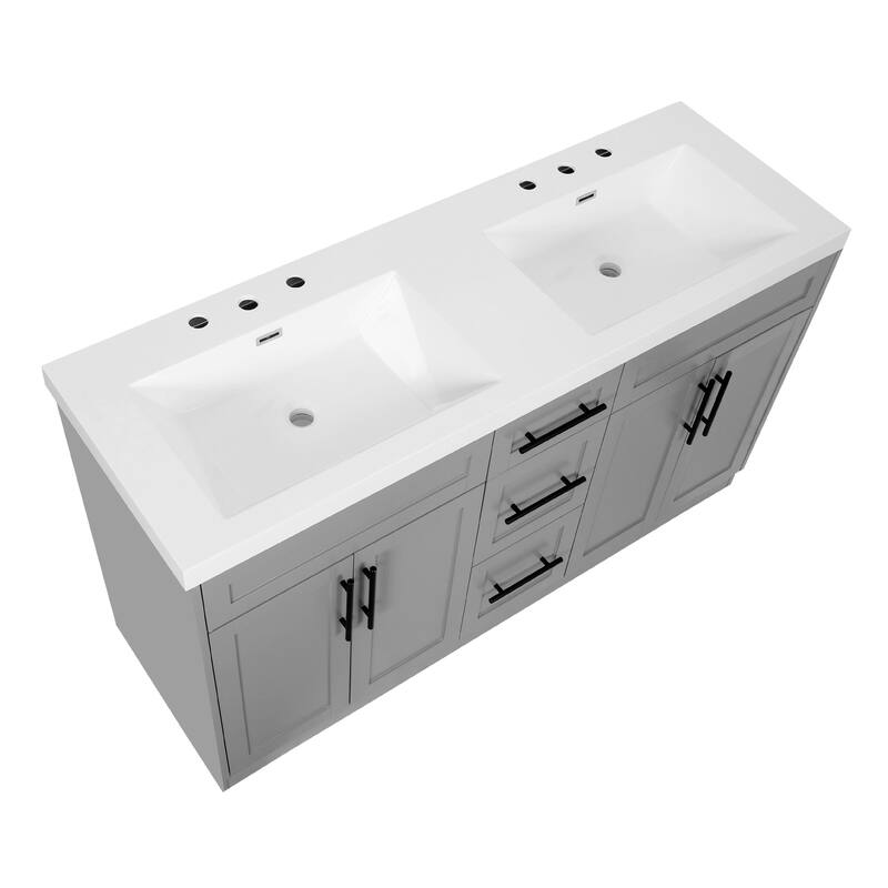 59.3" Double Sink Bathroom Vanity with SMC Top, MDF Cabinet with Solid Wood Frame & Soft-Close Doors