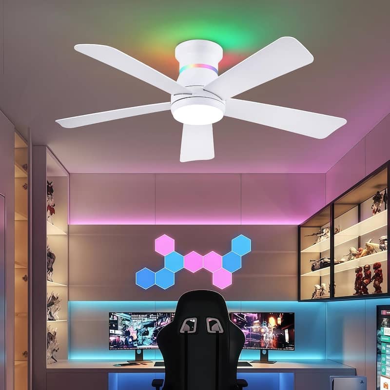 52 Inches RGB Flush Mount Ceiling Fan with Light and Remote,DC Motor,for Living Room Bedroom - 52 Inches