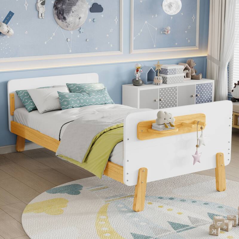 Kids Wood Platform Bed with Guardrails, Bottle Holder and 2 Hanging Rod, Convertible Toddler Daybed, Low Profile Design Frame