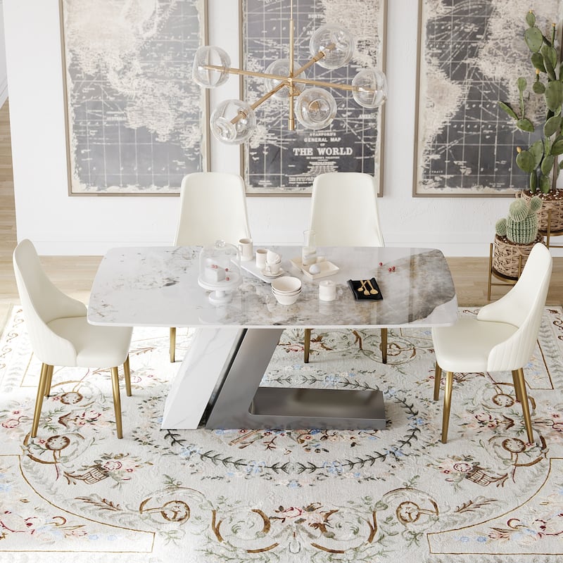 Slate Dining Table Faux Marble Table with Z shape Stainless Steel Pedestal