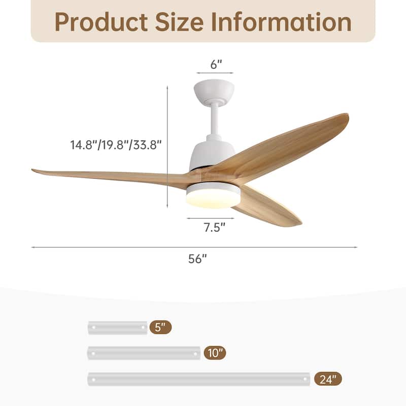 Sofucor 56 inch Ceiling Fans with Light,Remote Control,3 Solid wood Blades Farmhouse ,Large Airflow - 56 Inches