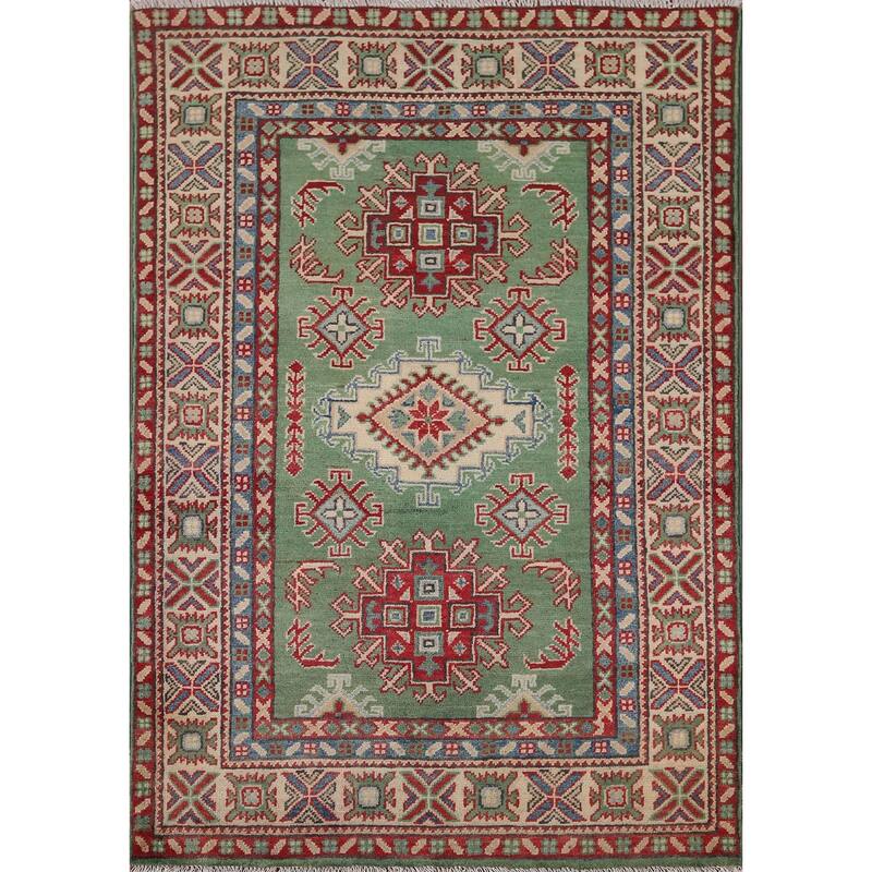 Green Kazak Accent Rug Hand-Knotted Wool Carpet - 3'5" x 4'9"