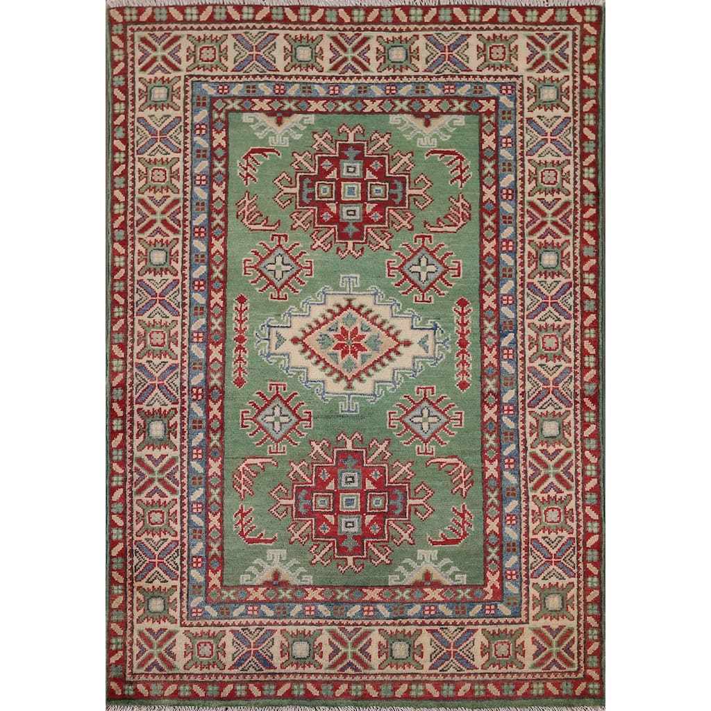 Green Kazak Accent Rug Hand-Knotted Wool Carpet - 3'5" x 4'9"