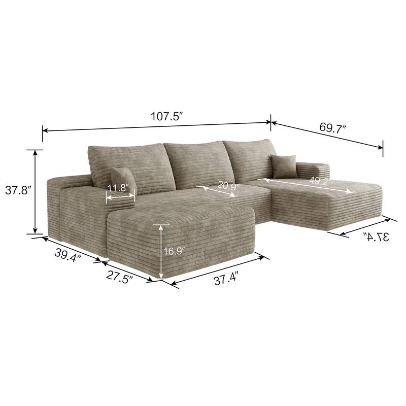Sofa 107-in Casual Camel 3 -seater Right Reclining Sectional with 1 Ottoman - 8' x 10'
