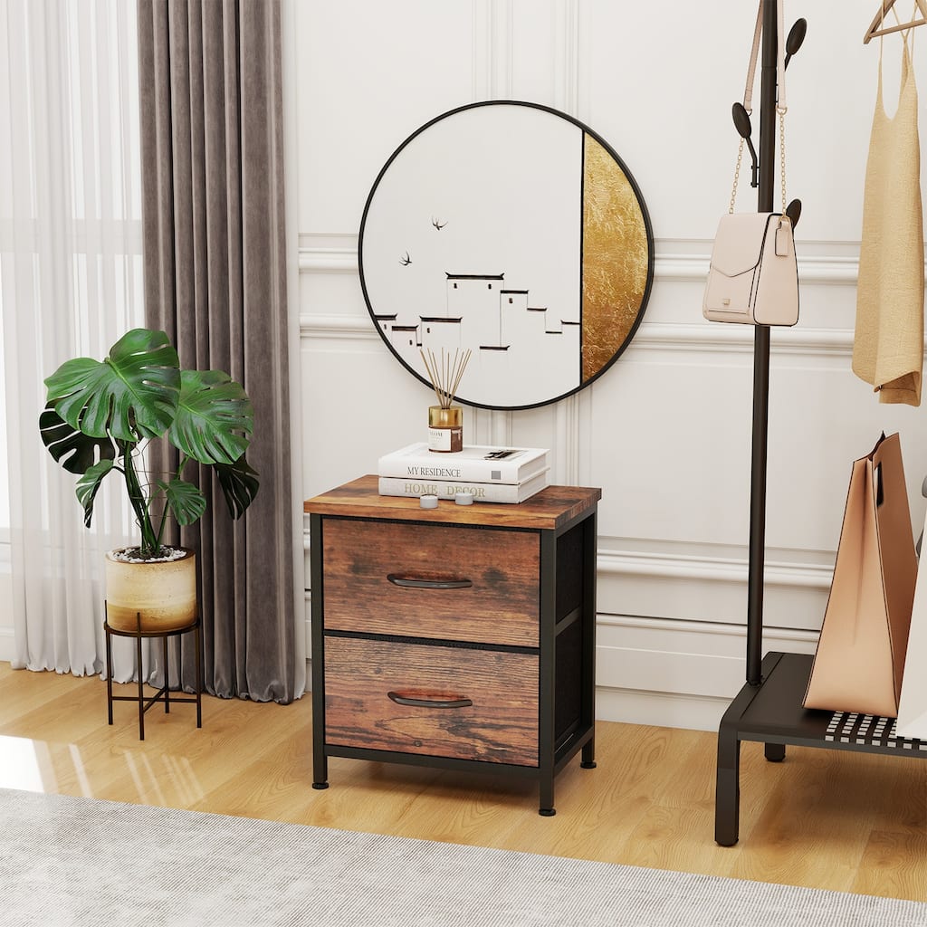 Nightstand, Bedside Table with 2 Storage Drawers, Wooden Top Fabric Cabinet Kids Mini Dresser for Bedroom, Closet, Entryway