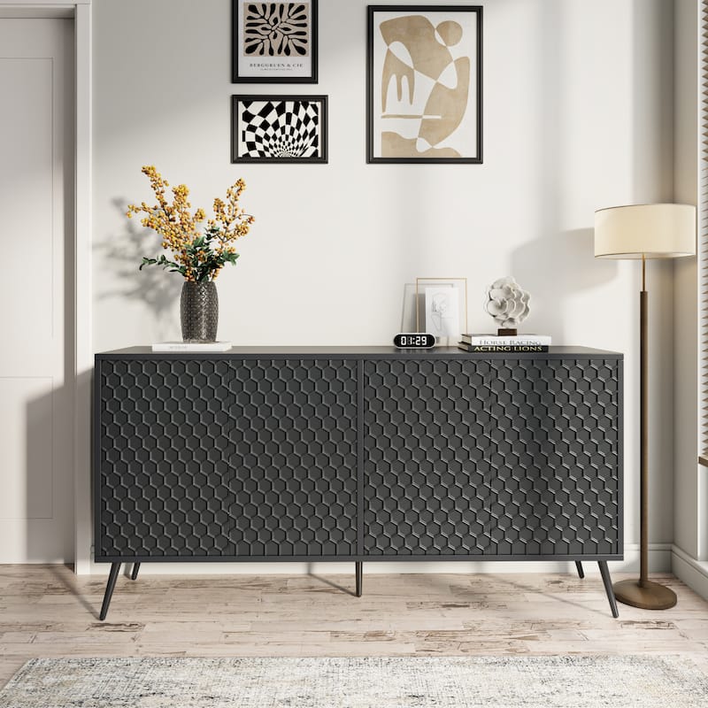 Modern Honeycomb Storage Cabinet Sideboard with Two-Tone Finish, Entryway Accent Cabinet with Adjustable Shelves