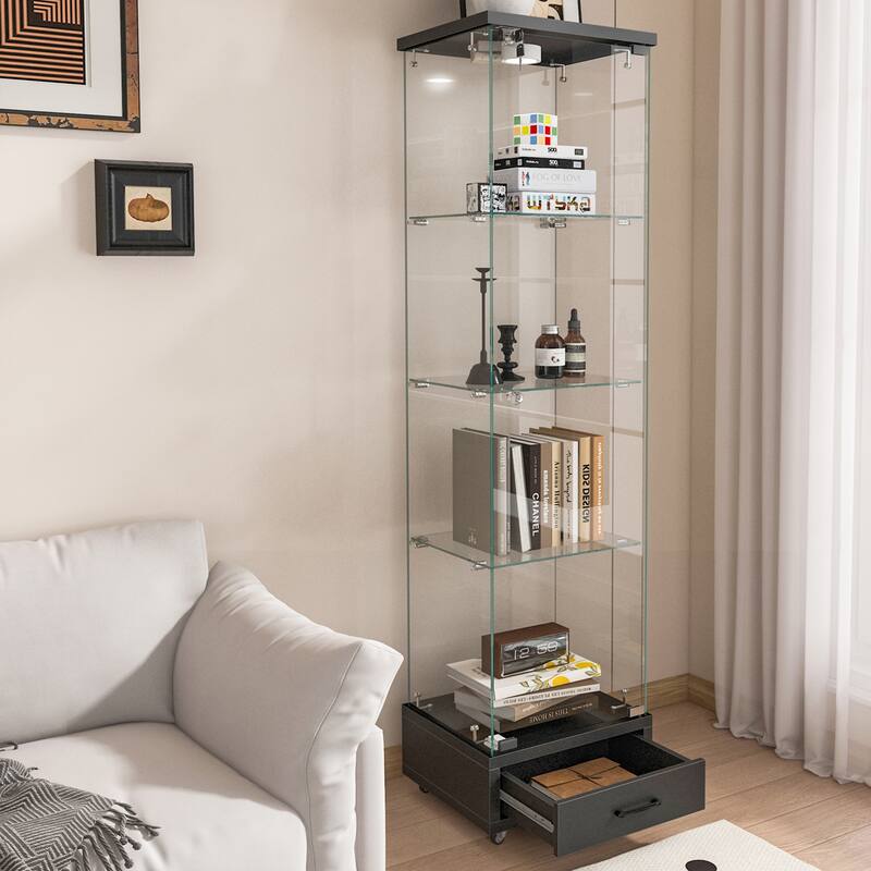 Glass Display Cabinet With Drawer,Cabinet With Led Lights,Tempered Glass Bookshelf, 1-Door Storage Case With 4 Shelves