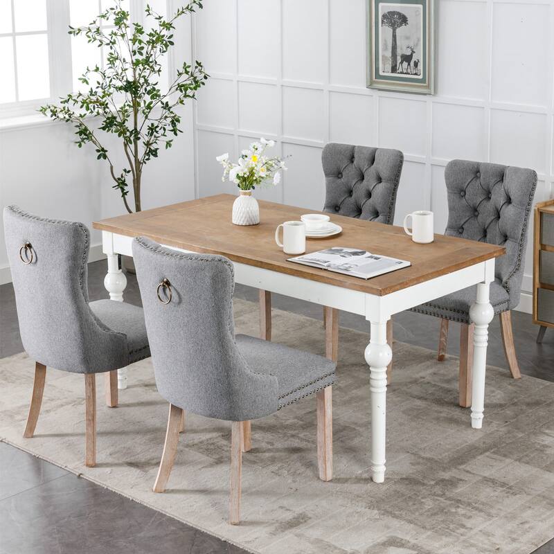 Modern Tufted Dining Chair with Wood Legs, Nailhead Trim, Set of 2