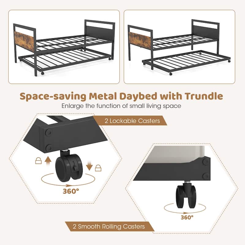 Costway Twin Metal Daybed with Trundle Lockable Wheels Heavy Duty