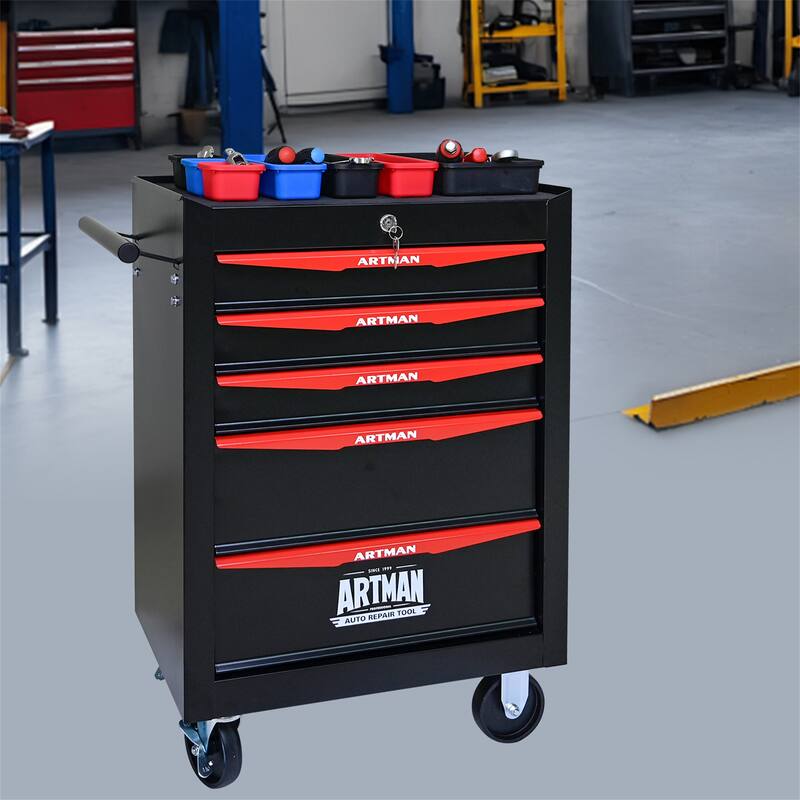 Rolling Metal Tool Cart with 4/5/6/7 Drawers,Ball Bearing Drawer Slide - 5 Drawers