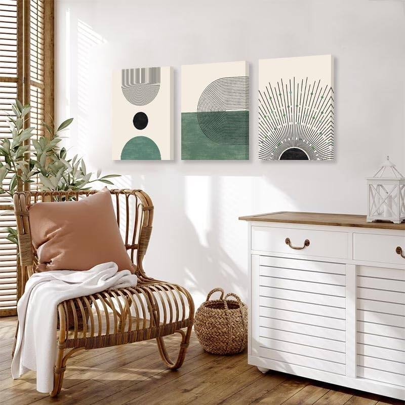 Minimalist Beige Green Sun Geometry Black Line Artwork Paintings