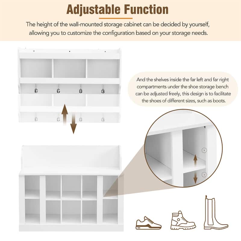 Shoe Storage Bench with Shelves and 4 Hooks, Wall Mounted Coat Rack
