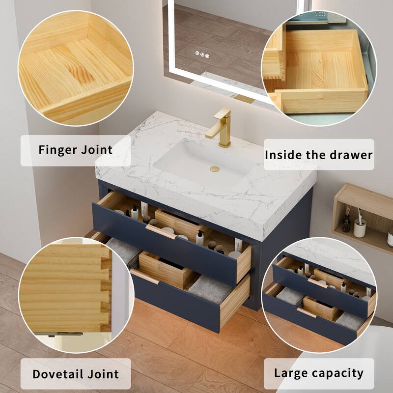 Modland 36" Wall-Mount Vanity with LED Light & 2 Soft-Close Drawers - Solid Oak, Black,White,Blue,Green - 36 inch