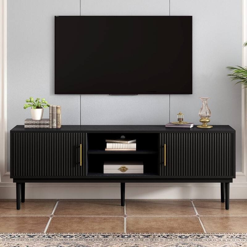 Modern TV Stand with Vertical Striped Sliding Doors for TVs Up to 75" - Black
