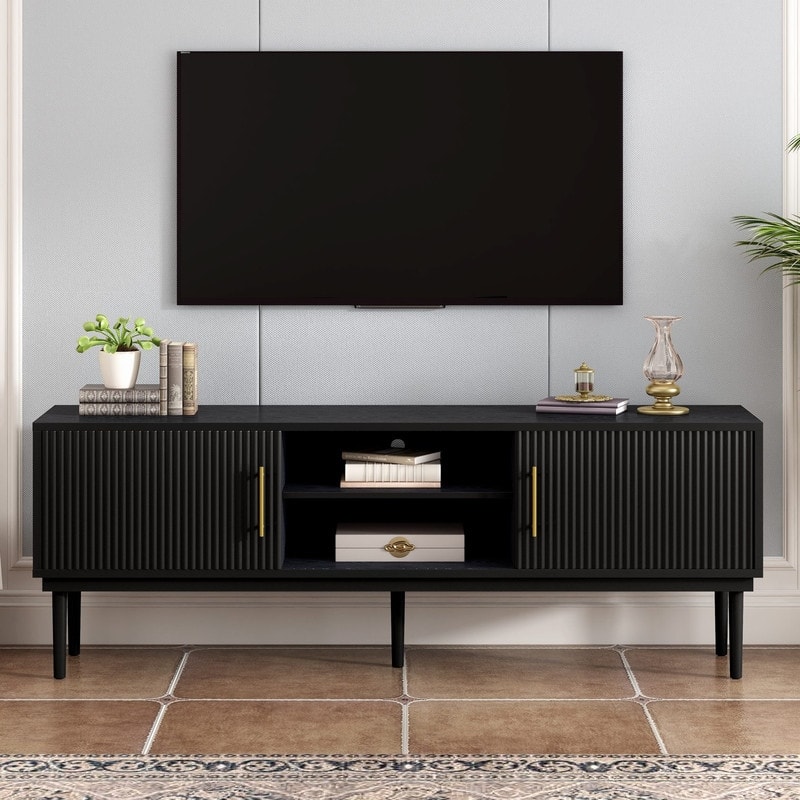 Modern TV Stand with Vertical Striped Sliding Doors for TVs Up to 75"