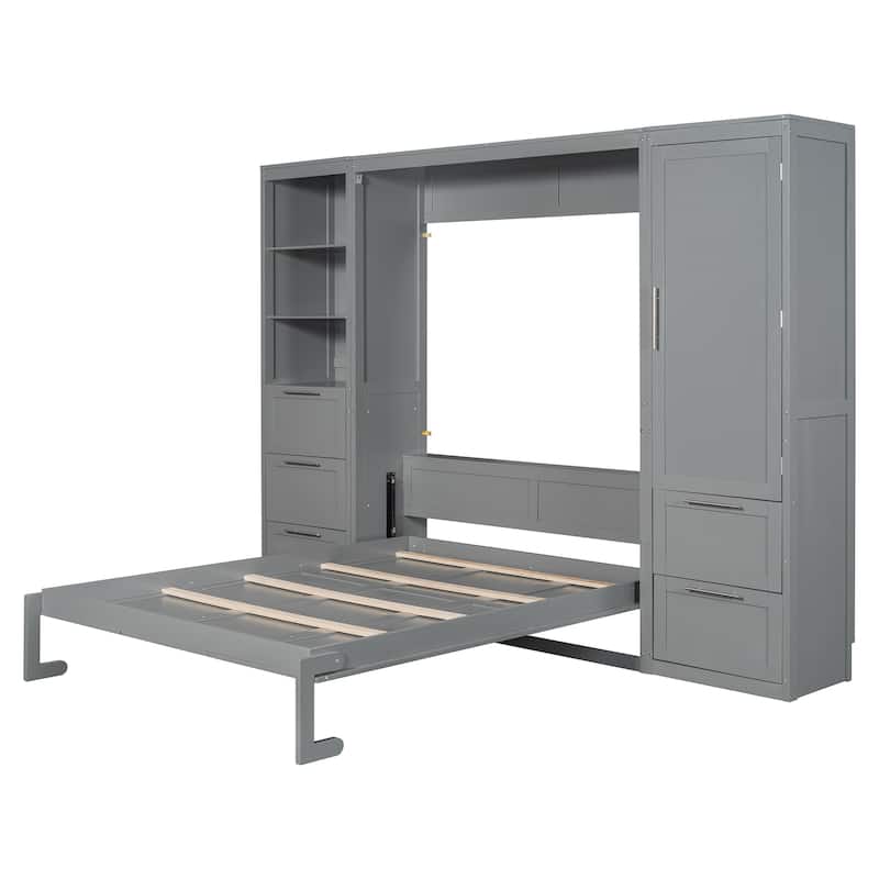 Gray Modern Queen Murphy Bed with Closet and Drawers