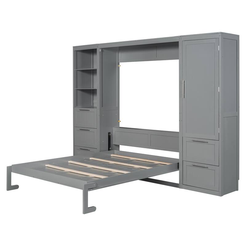 Space-Saving Queen Murphy Bed with Closet, Drawers & Shelves in Gray/White