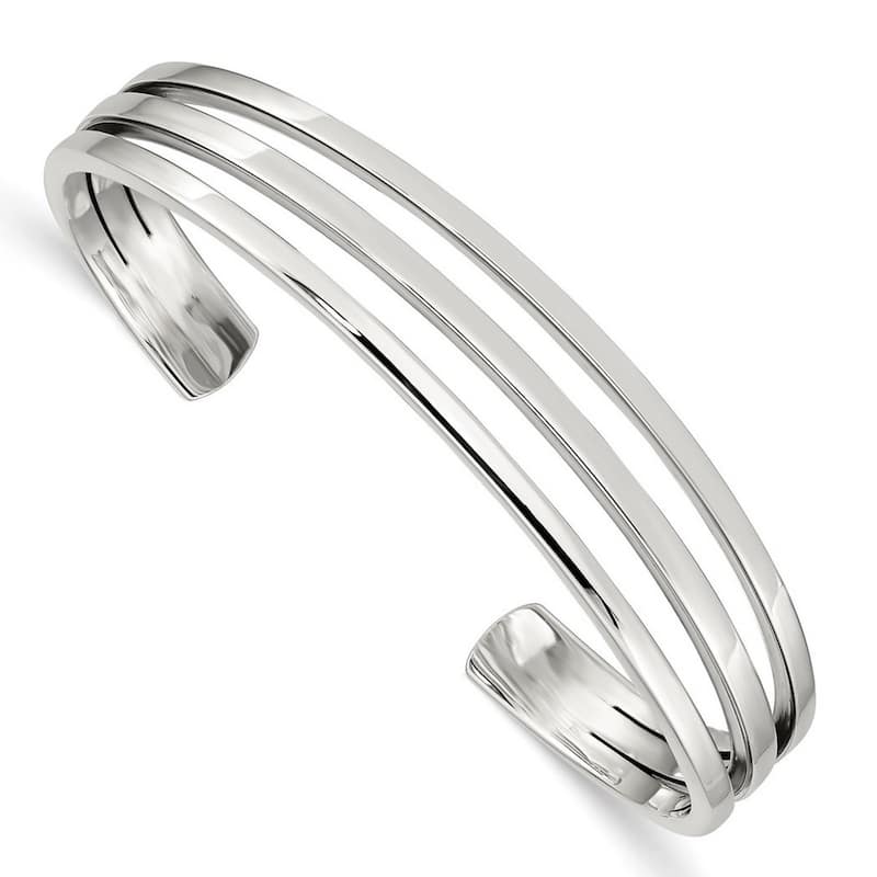 Curata 925 Sterling Silver 16mm Three Row Adjustable Cuff Bangle Bracelet