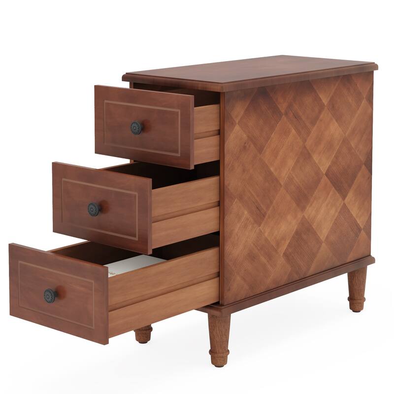 11.81" Solid Wood Narrow End Table, Fully Assembled 3-Drawer Nightstand, Slim Bedside Table, Brown Pre-Assembled Side Table