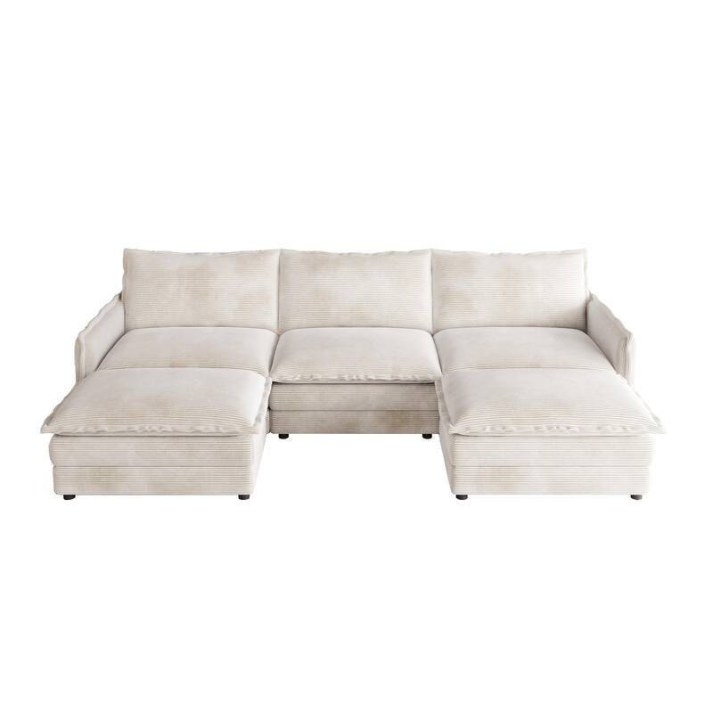 Living Room Cloud Sofa with Ottoman Chaise, 3-seater Upholstered Sectional Couch Corduroy Daybed Deep-seat Recliner Sofas