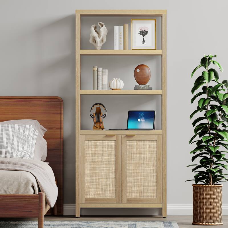 SICOTAS 5 Tier Adjustable Bookshelf with Rattan Storage Cabinet