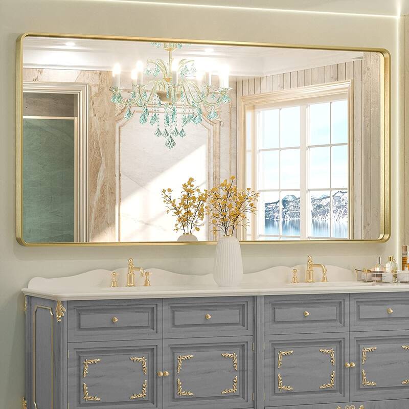 TETOTE Modern Metal Frame Wall Mounted Hanging Bathroom Vanity Mirror - 60*30 - Gold