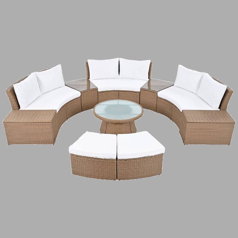 10-Piece Modular Outdoor Sectional Sofa Set, All-Weather PE Rattan with Cushions, Storage Stools & Glass Tables - White