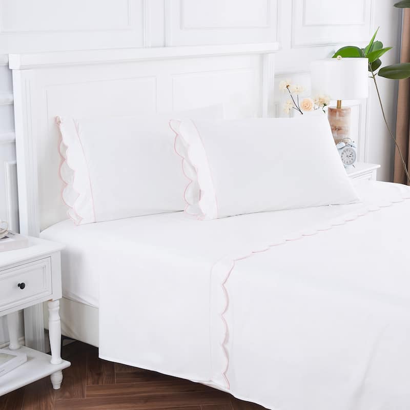 Percale Cotton Scalloped Embroidered Crisp Sheet Set