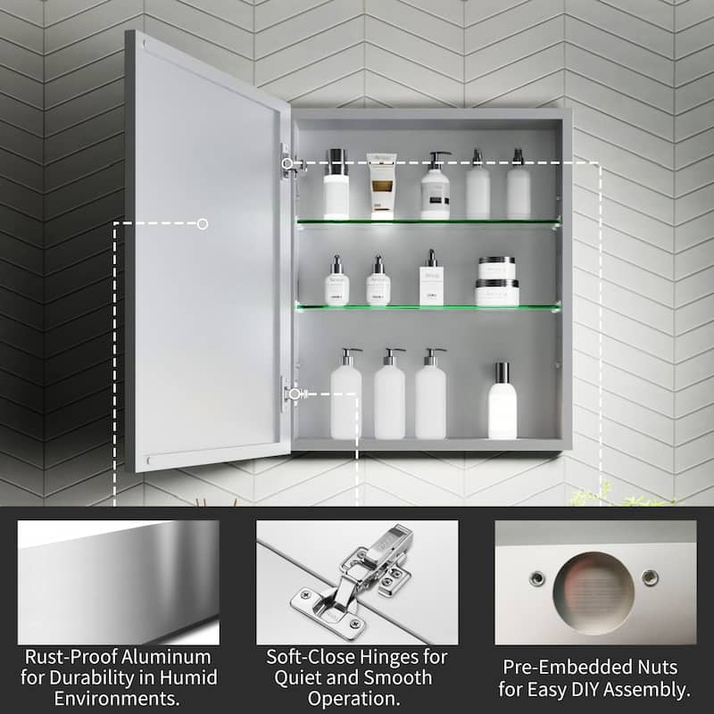 Modland Single Door Bathroom Medicine Cabinet with Mirror Adjustable Shelves,Recessed or Surface Mount