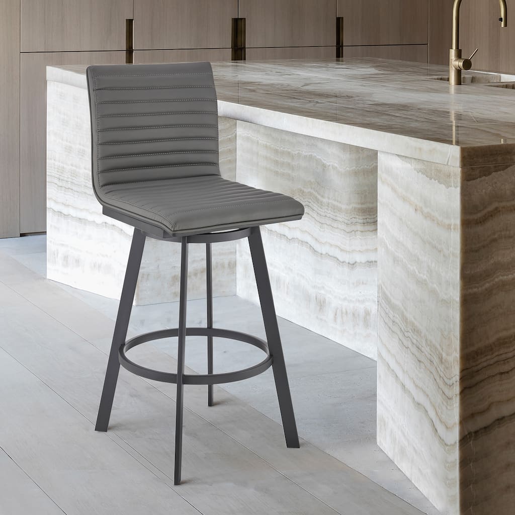 Nikole Bar or Counter Height Swivel Bar Stool in Matt Black Finish with Gray Faux Leather