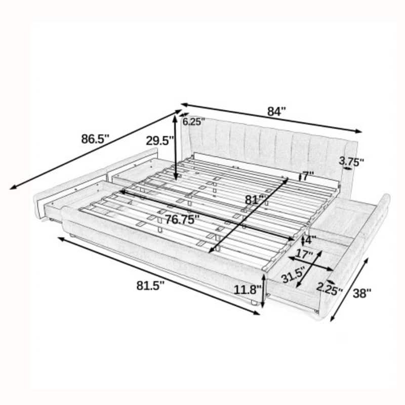 King Upholstered Bed Frame with Storage Drawer, Thick Padded Headboard & Solid Frame in Chenille Fabric