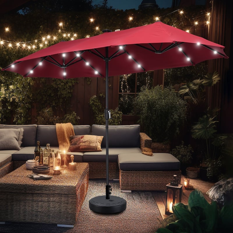 Ainfox 13ft Double-sided Patio Umbrella Solar LED Lighted Outdoor Martet Umbrella with Base