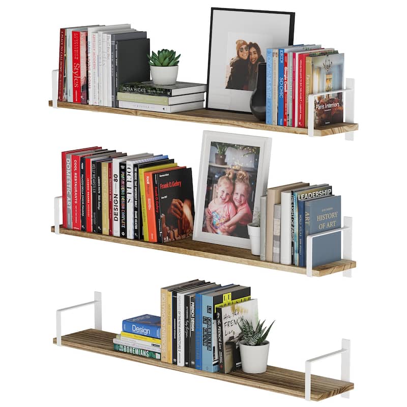 Wallniture Toledo 36" Floating Bookshelves for Farmhouse Wall Décor, Burnt Finish, Set of 3