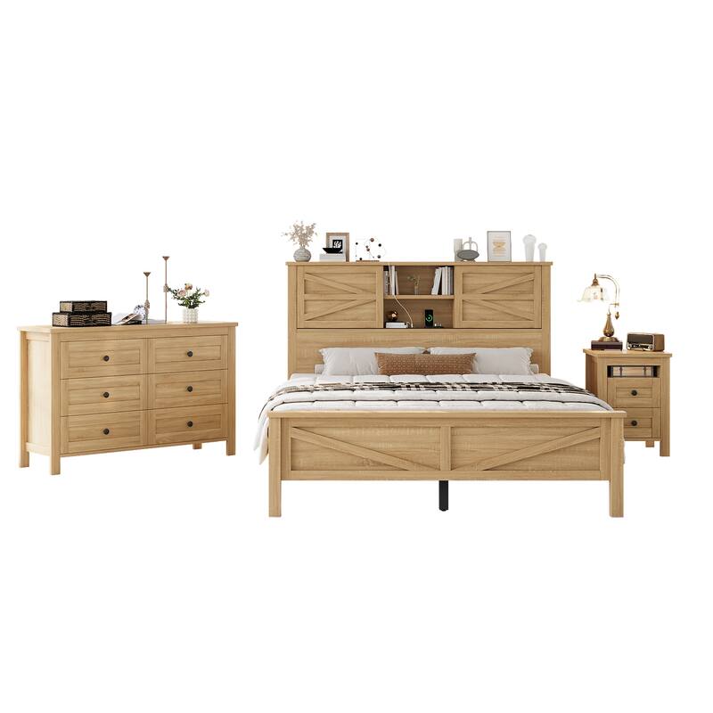 Rustic Platform Bed 3-Pieces Bedroom Sets with Storage Nightstand and Dresser, Wooden Platform Bed with Charging Station