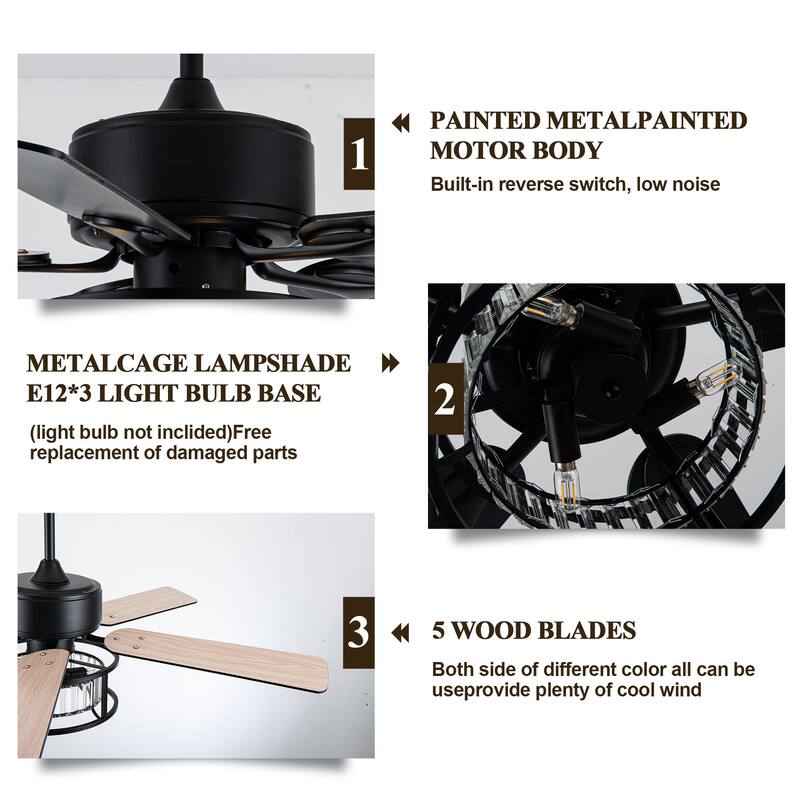 Bella Depot 52" Crystal Ceiling Fan with Reversible Blade and Remote Control Silver - 52 Inches