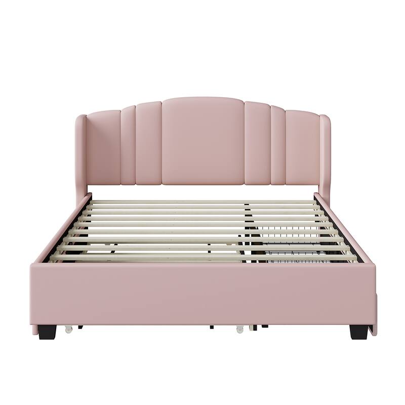 Contemporary Linen Upholstered Platform Bed, Queen Size, Includes Trundle Bed and Drawers, Wingback Headboard