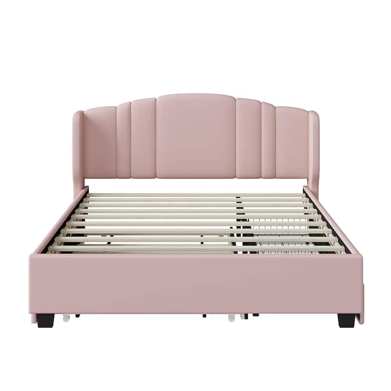Upholstered Platform Bed with Wingback Headboard, Queen Size Linen Fabric Bed Frame with Twin Trundle Bed and 2 Drawers